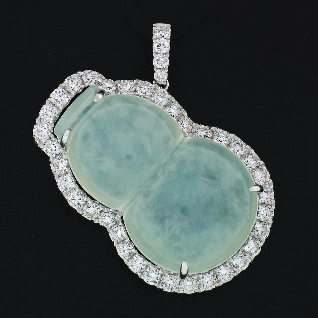 18k White Gold AGL Carved Grayish Green Jadeite Jade VS F 2.1 ctw Diamond Pendan