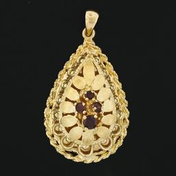 Vintage Large Textured 14k Gold .35 ctw Round Red Garnet Puffed Tear Drop Pendan