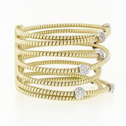 18k Solid Gold 1.52in. Wide Cable Crossover Pave Diamond Cuff Flexible Bracelet