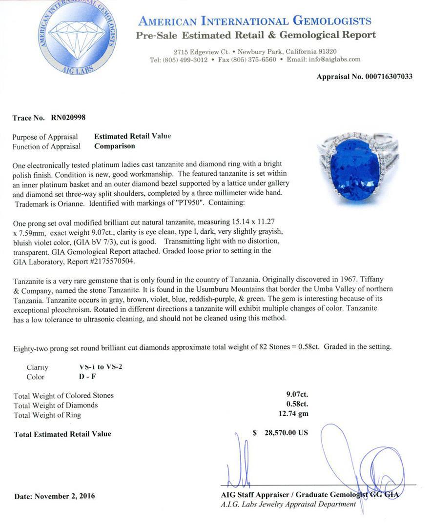 9.07 ctw DARK Tanzanite and 0.58 ctw Diamond Platinum Ring (GIA CERTIFIED)