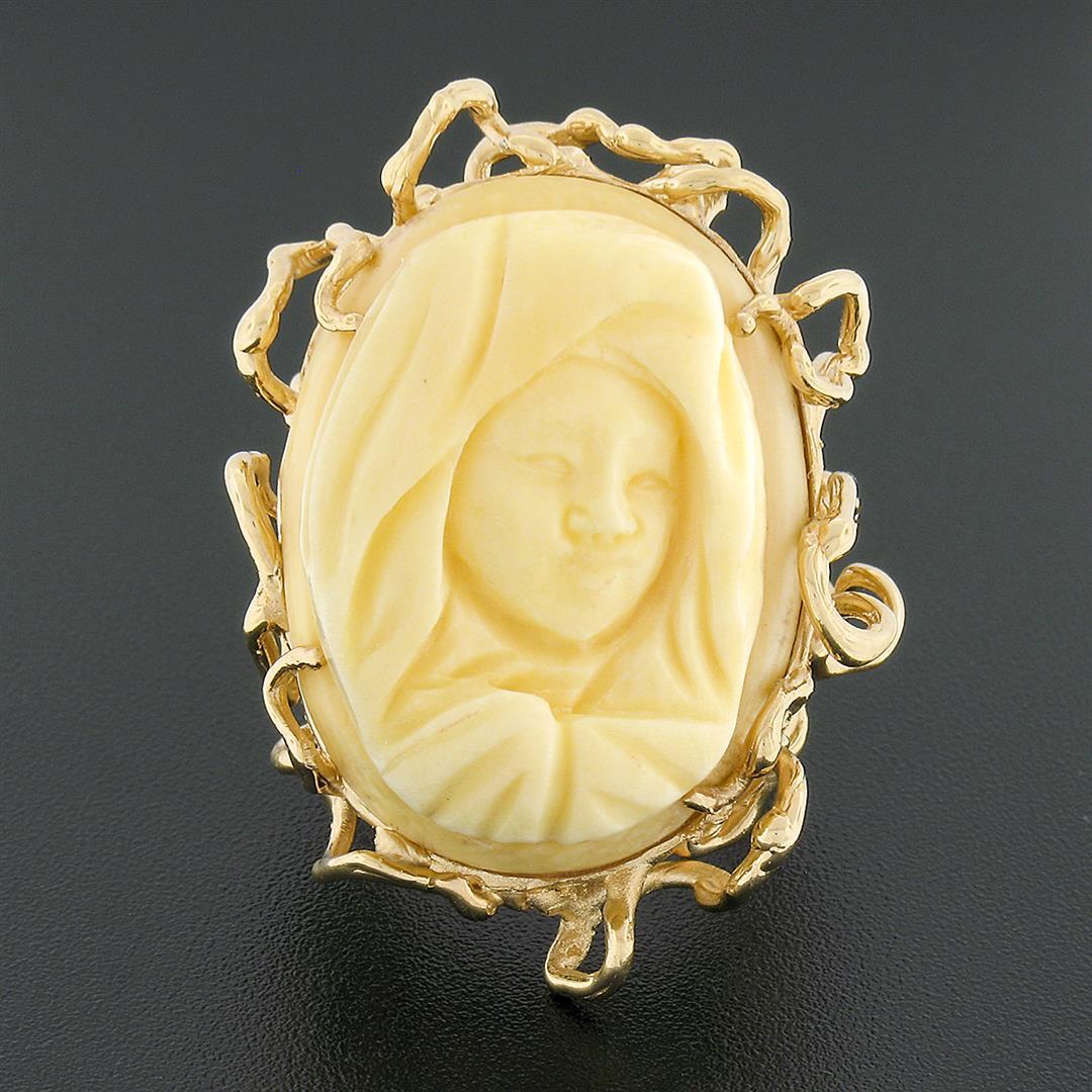 Vintage 14k Gold Carved Oval Nun Cameo Open Freeform Nugget Textured Ring