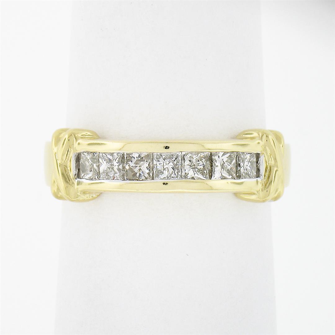 18k Yellow Gold 0.70 ctw Channel Set Princess Cut Diamond w/ "X" Sides Band Ring