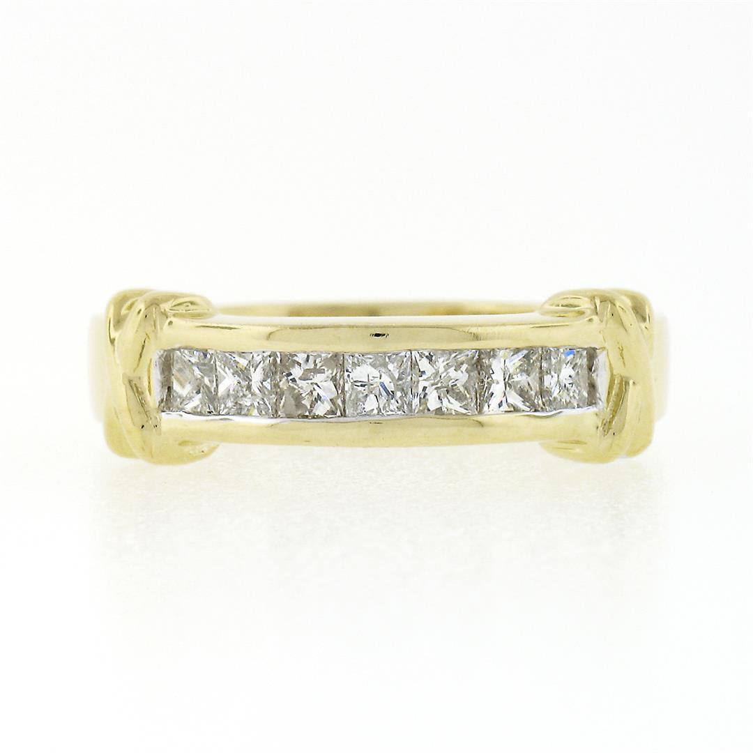 18k Yellow Gold 0.70 ctw Channel Set Princess Cut Diamond w/ "X" Sides Band Ring