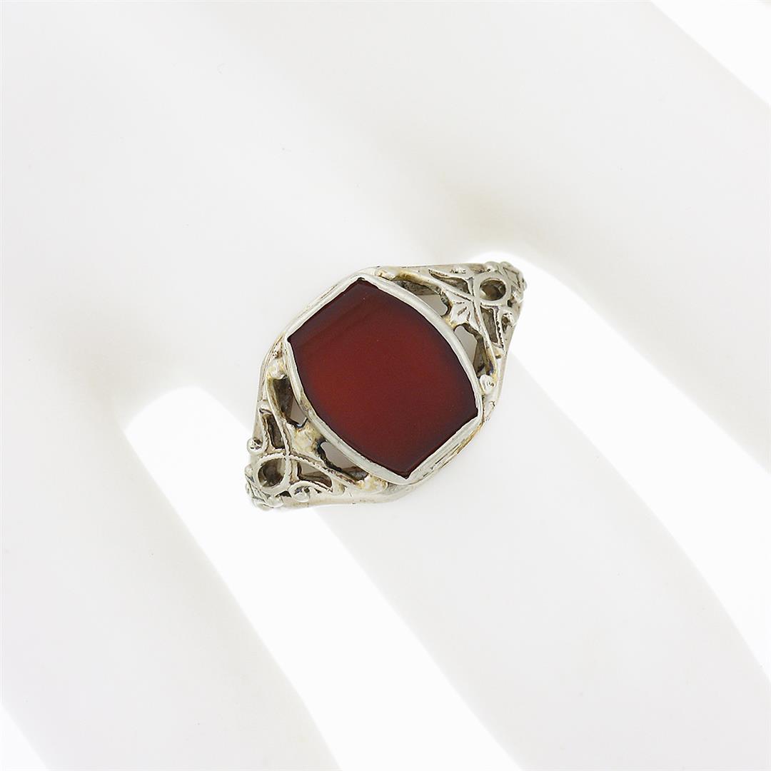 Antique 14k White Gold Bezel Custom Carnelian Solitaire Filigree Open Work Ring