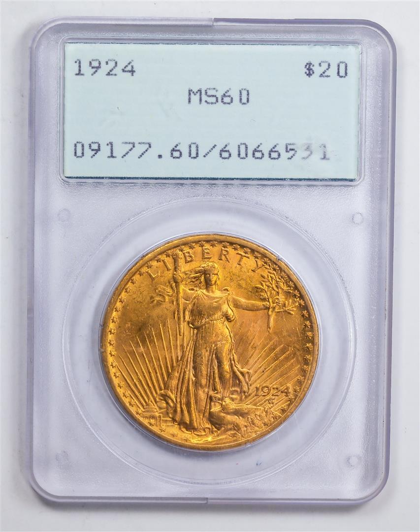 1924 $20 Double Eagle Gold Coin PCGS MS60