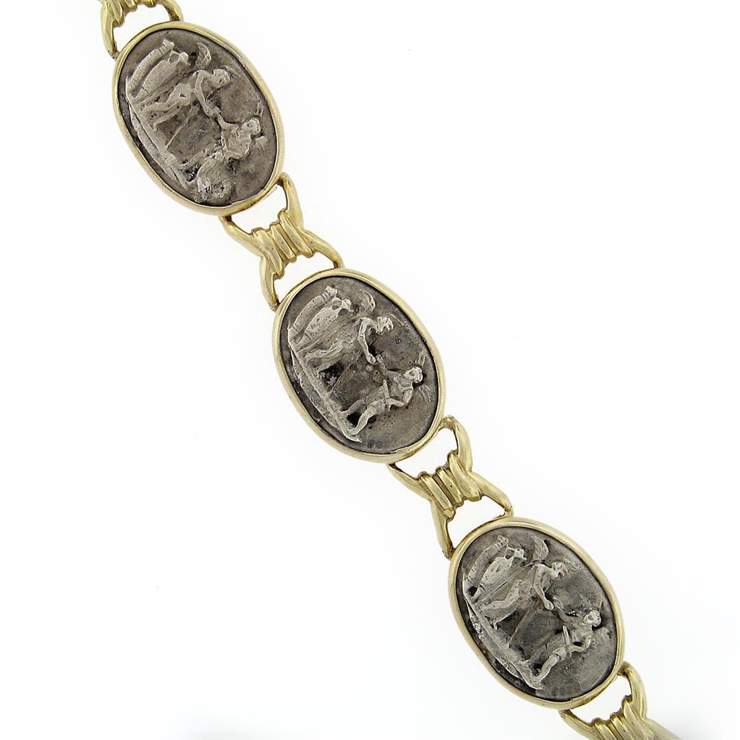 Vintage 14k Yellow Gold & Oval Sterling Silver Scene 12.9mm Chain Link Bracelet