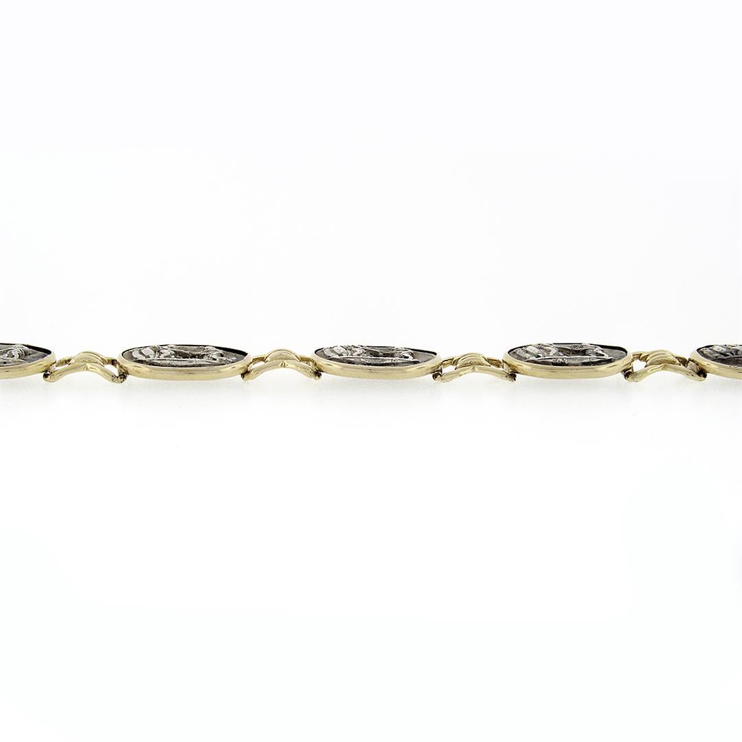 Vintage 14k Yellow Gold & Oval Sterling Silver Scene 12.9mm Chain Link Bracelet