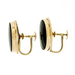 Vintage 14k Yellow Gold Bezel Set Oval Black Onyx Button Screw-On Earrings