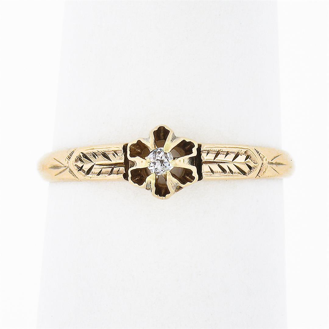 Petite Antique 14K Gold Buttercup Prong Set Diamond Solitaire Hand Engraved Ring