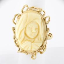 Vintage 14k Gold Carved Oval Nun Cameo Open Freeform Nugget Textured Ring