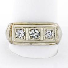 Men's Antique Art Deco 14K White Gold 0.75 ctw European Diamond 3 Stone Band Rin