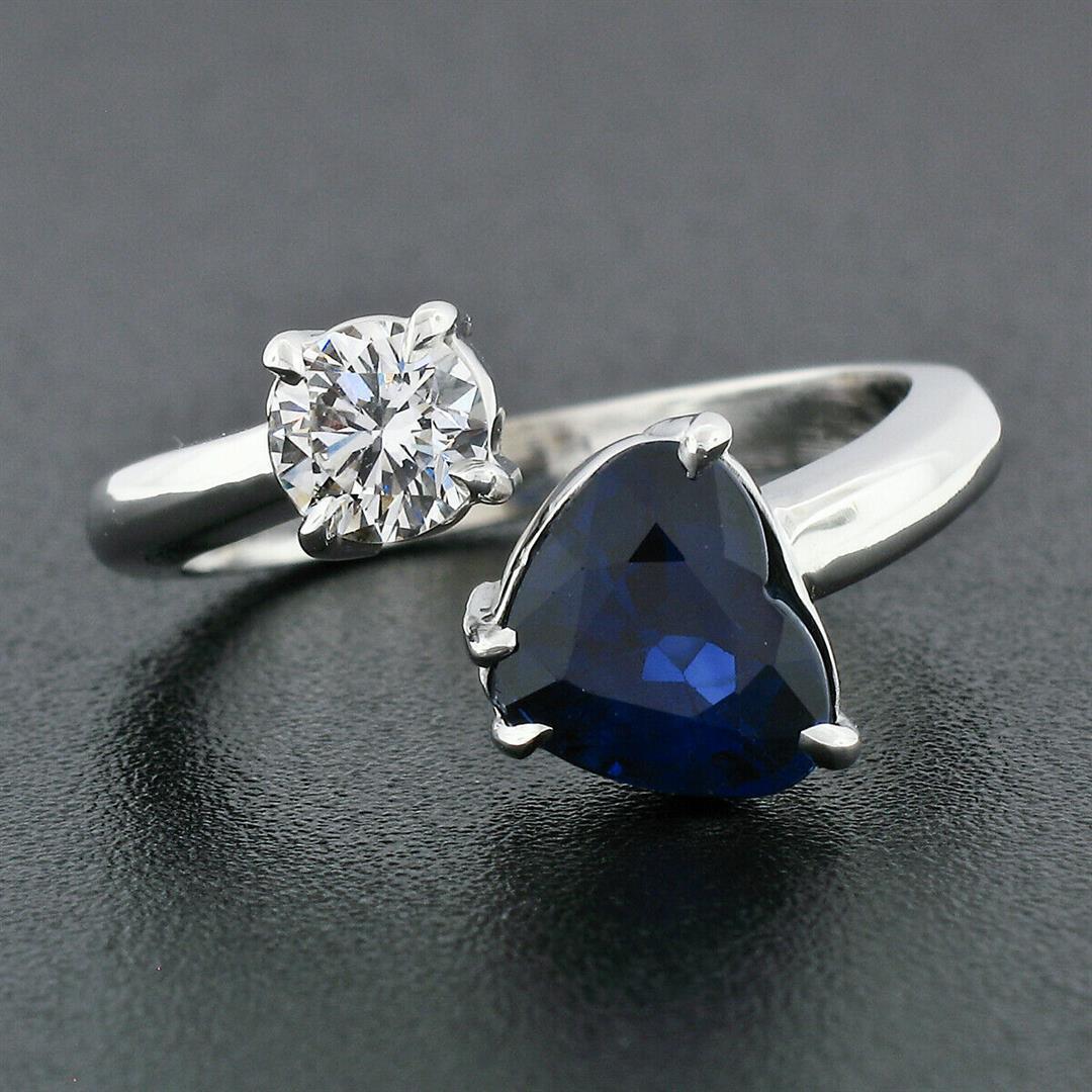 NEW 18K White Gold 2.71 ctw GIA Heart Blue Sapphire Diamond Moi et Toi Bypass Ri