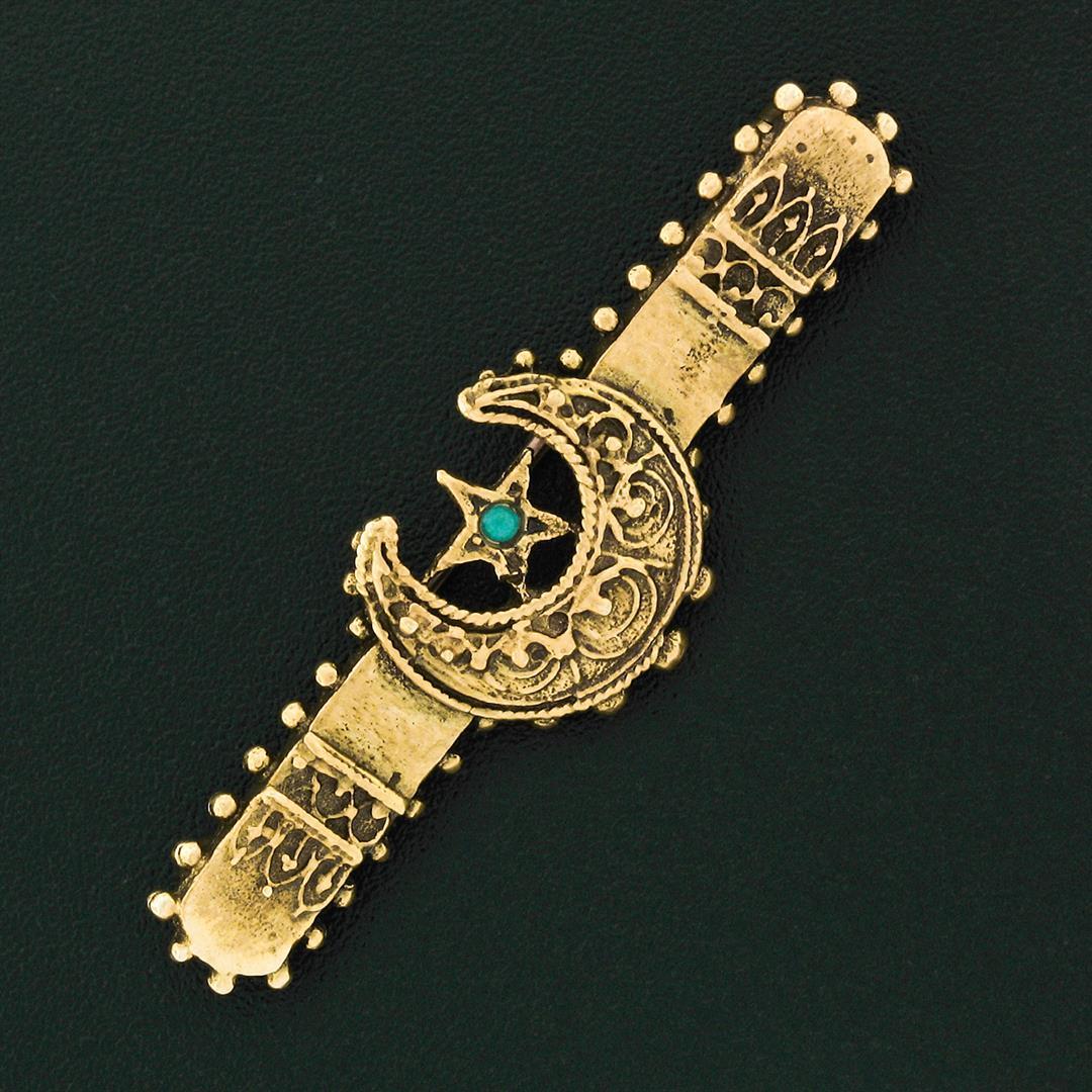 Vintage Victorian Revival 14K Gold Turquoise Crescent & Star Bar Pin Brooch