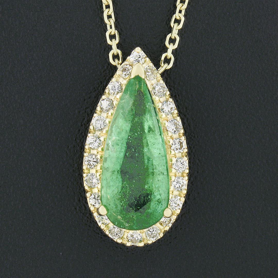 18K Gold 2.15 ctw Elongated Pear Emerald w/ Diamond Halo Teardrop Pendant Neckla