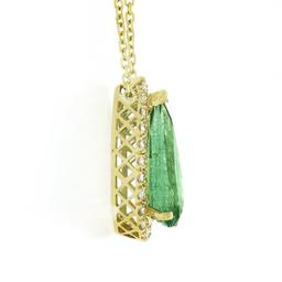 18K Gold 2.15 ctw Elongated Pear Emerald w/ Diamond Halo Teardrop Pendant Neckla