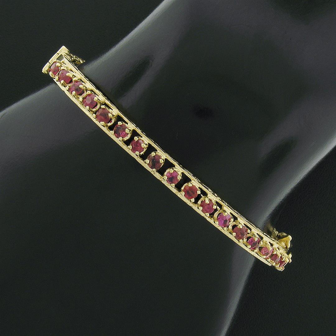 Vintage Victorian Revival 14k Gold 2 ctw Ruby Engraved Side Hinged Bangle Bracel