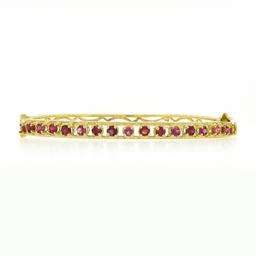 Vintage Victorian Revival 14k Gold 2 ctw Ruby Engraved Side Hinged Bangle Bracel