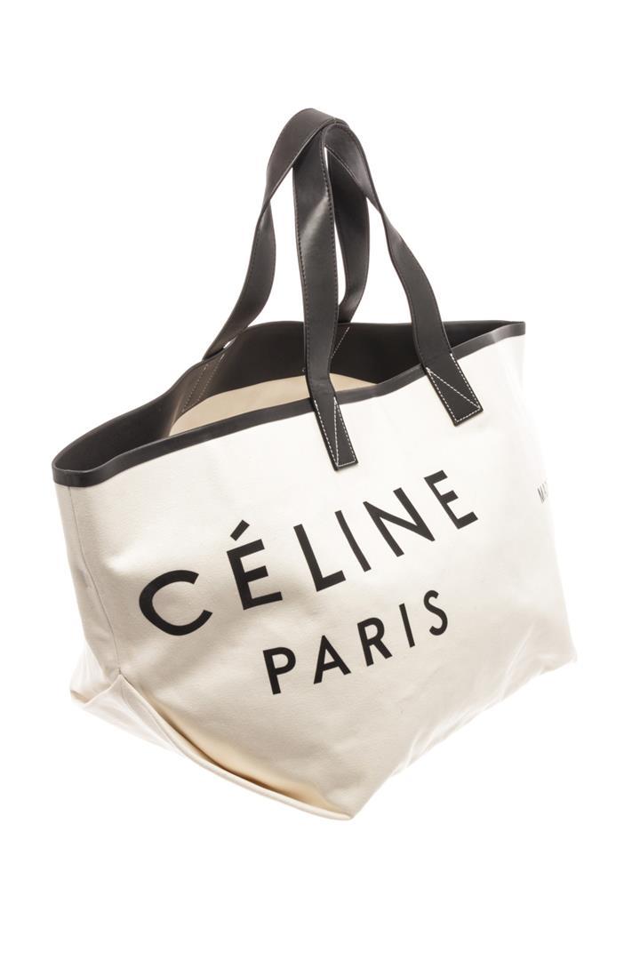 Celine White Canvas with Leather Medium Logo Tote Bag