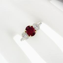 New 18k Gold GIA FINE Vivid Red Oval Ruby & Diamond Three Stone Engagement Ring