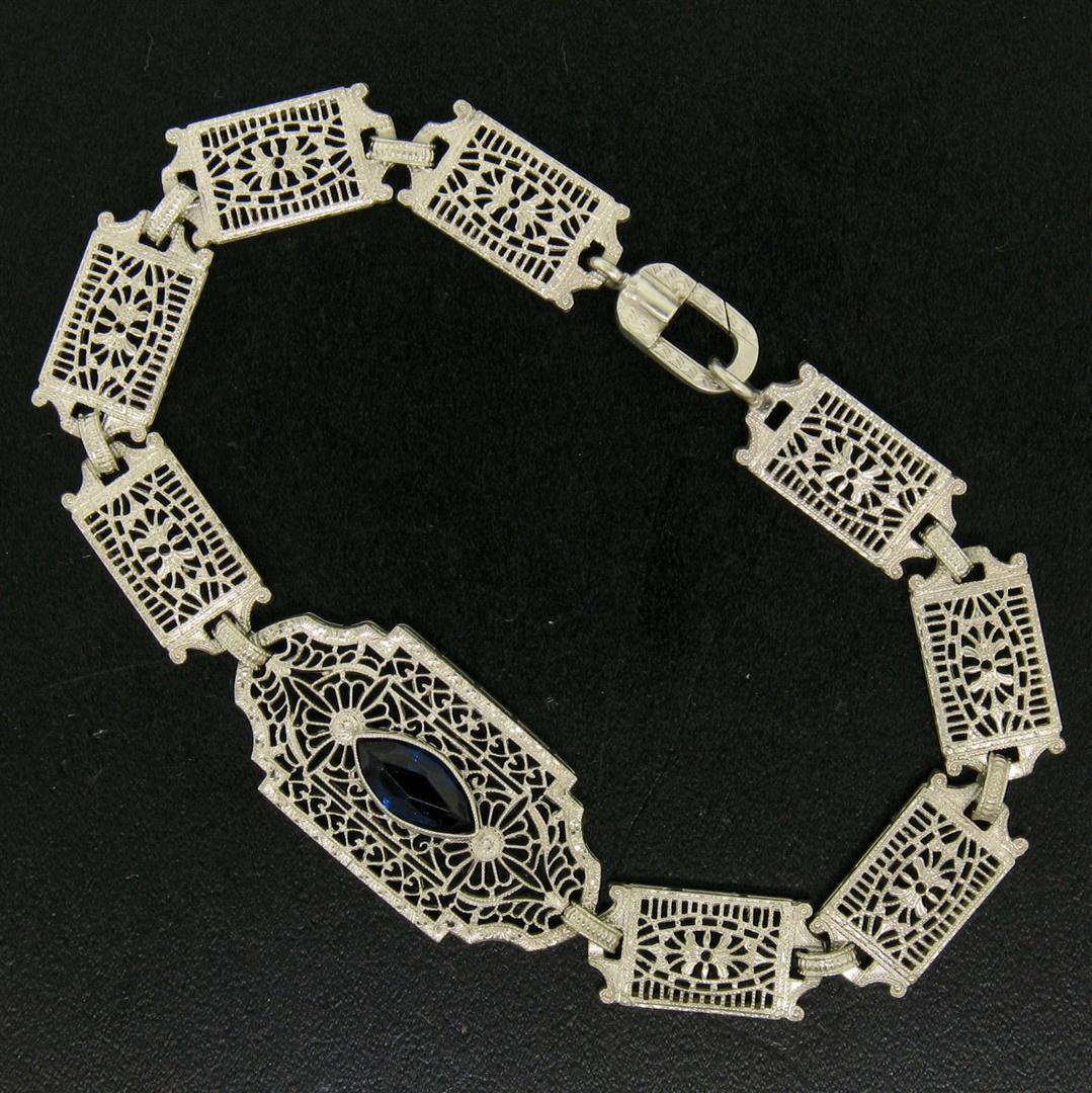 Antique Edwardian 10k White Gold Filigree Link Bracelet w/ Marquise Sim Sapphire