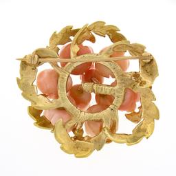 Vintage 14K Gold Carved Coral Rose Flower Bouquet Textured Leaf Round Pin Brooch