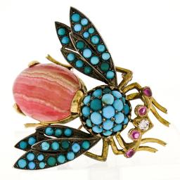 Vintage 14k Gold Silver Ruby Diamond Turquoise Rhodochrosite Bee Fly Brooch Pin