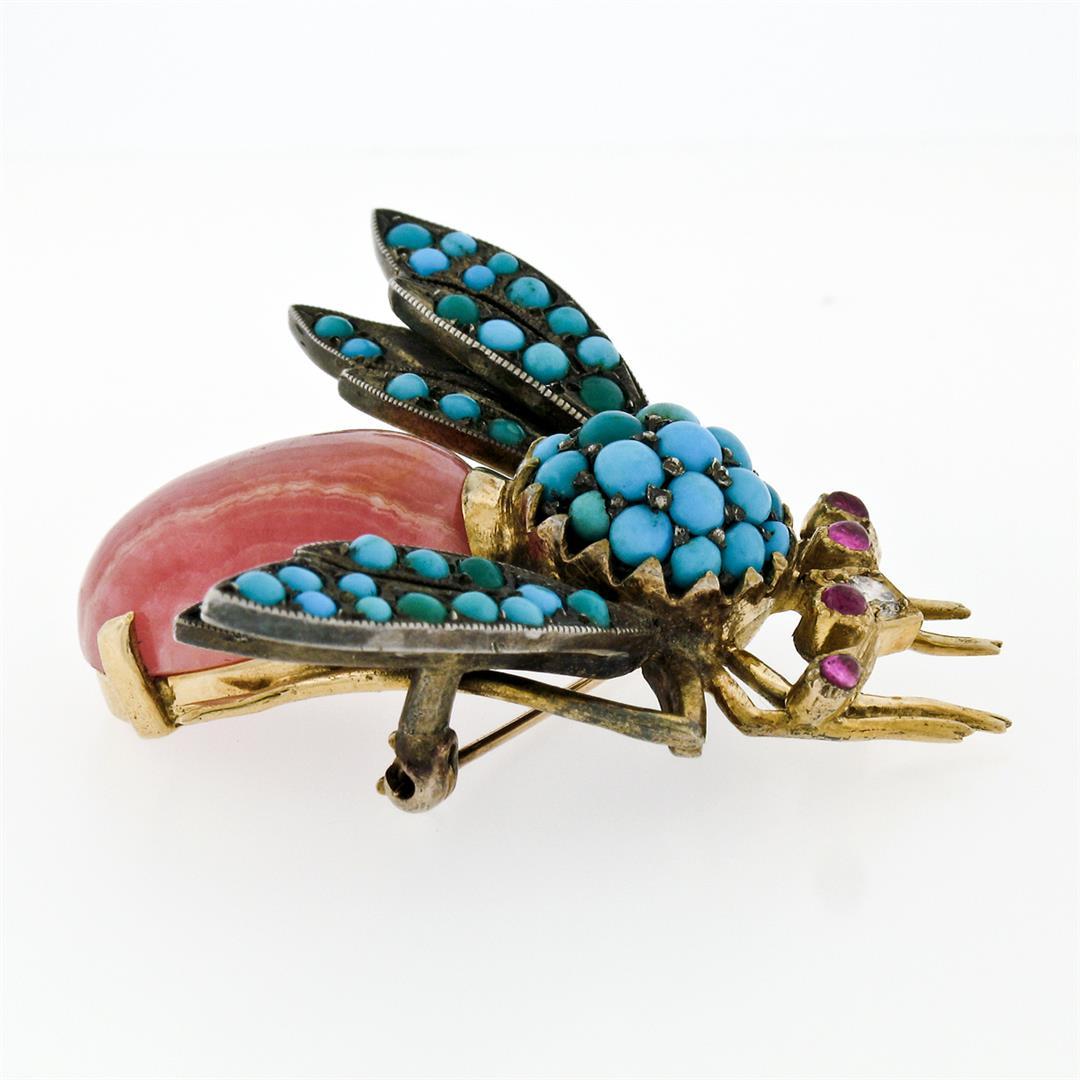 Vintage 14k Gold Silver Ruby Diamond Turquoise Rhodochrosite Bee Fly Brooch Pin