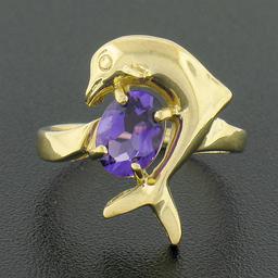 14k Yellow Gold Dolphin Jumping Over 0.90 ctw Oval Prong Amethyst Solitaire Ring