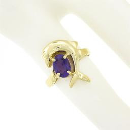 14k Yellow Gold Dolphin Jumping Over 0.90 ctw Oval Prong Amethyst Solitaire Ring