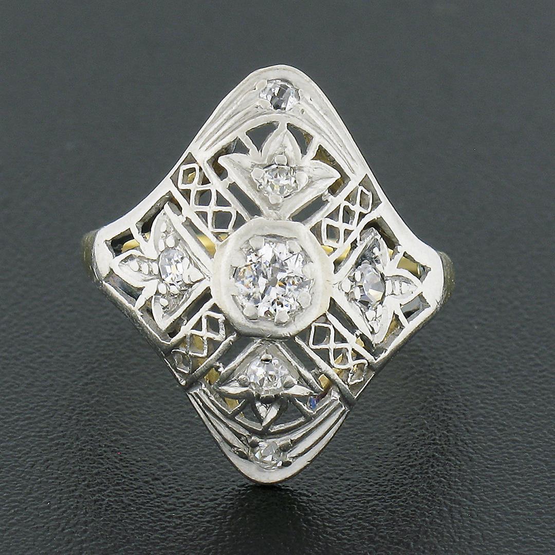 Antique Edwardian 18k Gold Platinum 0.20 ctw Diamond Filigree Petite Dinner Ring