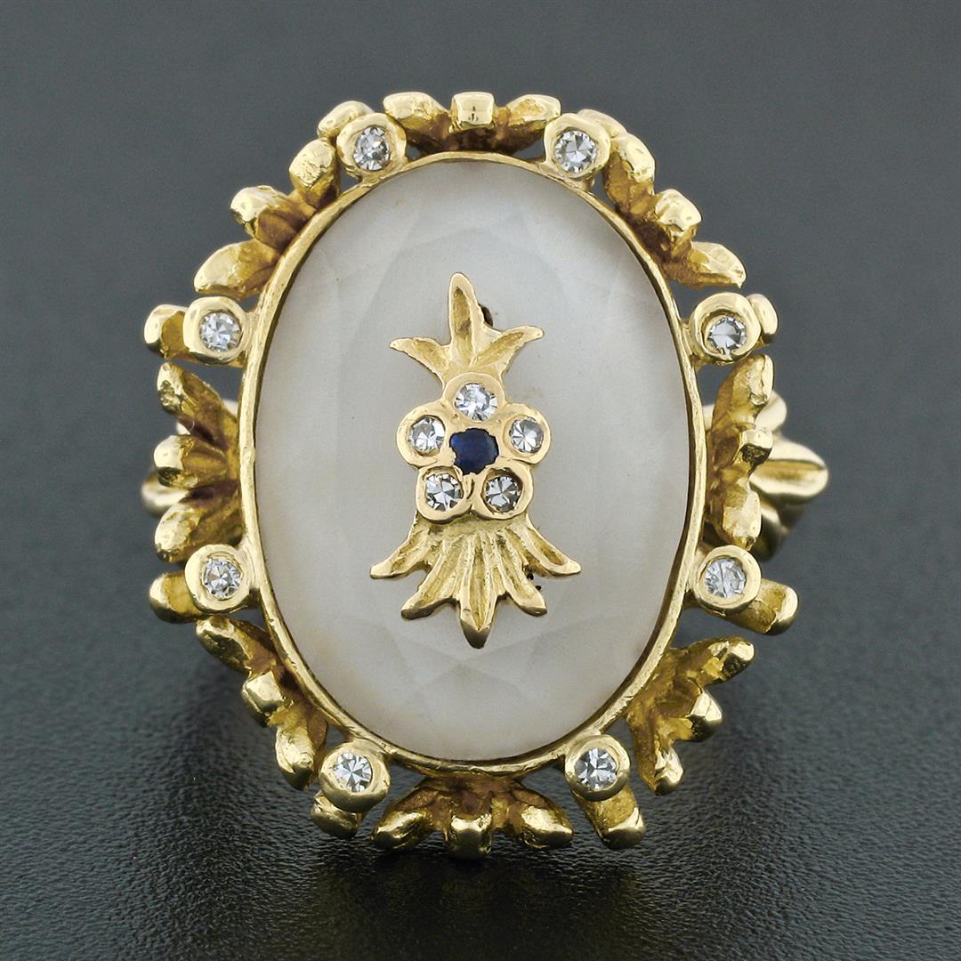 Vintage 18k Gold Oval Cut Frosted Quartz Rock Crystal Diamond & Sapphire Ring