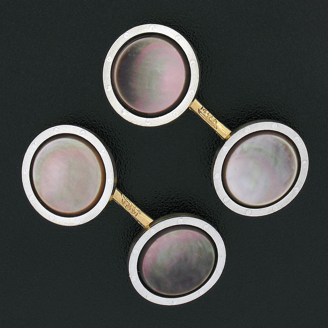 Men's Antique 14k TT Gold Black Mother of Pearl w/ Grooved Rim Round Cuff Links