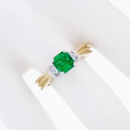 14k TT Gold 1.08 ctw Three Stone Emerald Solitaire & Princess Diamond Accent Rin