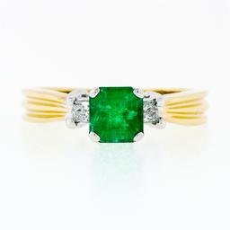 14k TT Gold 1.08 ctw Three Stone Emerald Solitaire & Princess Diamond Accent Rin