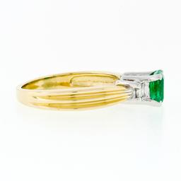 14k TT Gold 1.08 ctw Three Stone Emerald Solitaire & Princess Diamond Accent Rin