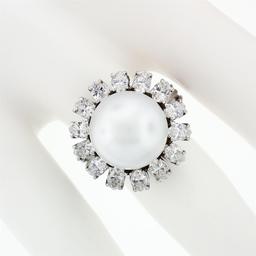 Vintage 18k White Gold 12.7mm South Sea Pearl 2.10 ctw Marquise Diamond Halo Rin