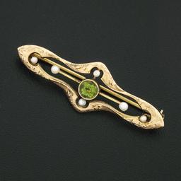 Antique Victorian 14k Gold Peridot Seed Pearl Hand Engraved Open Bar Brooch Pin