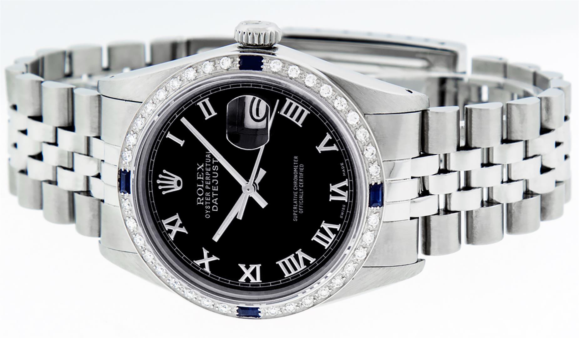 Rolex Mens Stainless Steel Black Roman Diamond & Sapphire Datejust Wristwatch 36