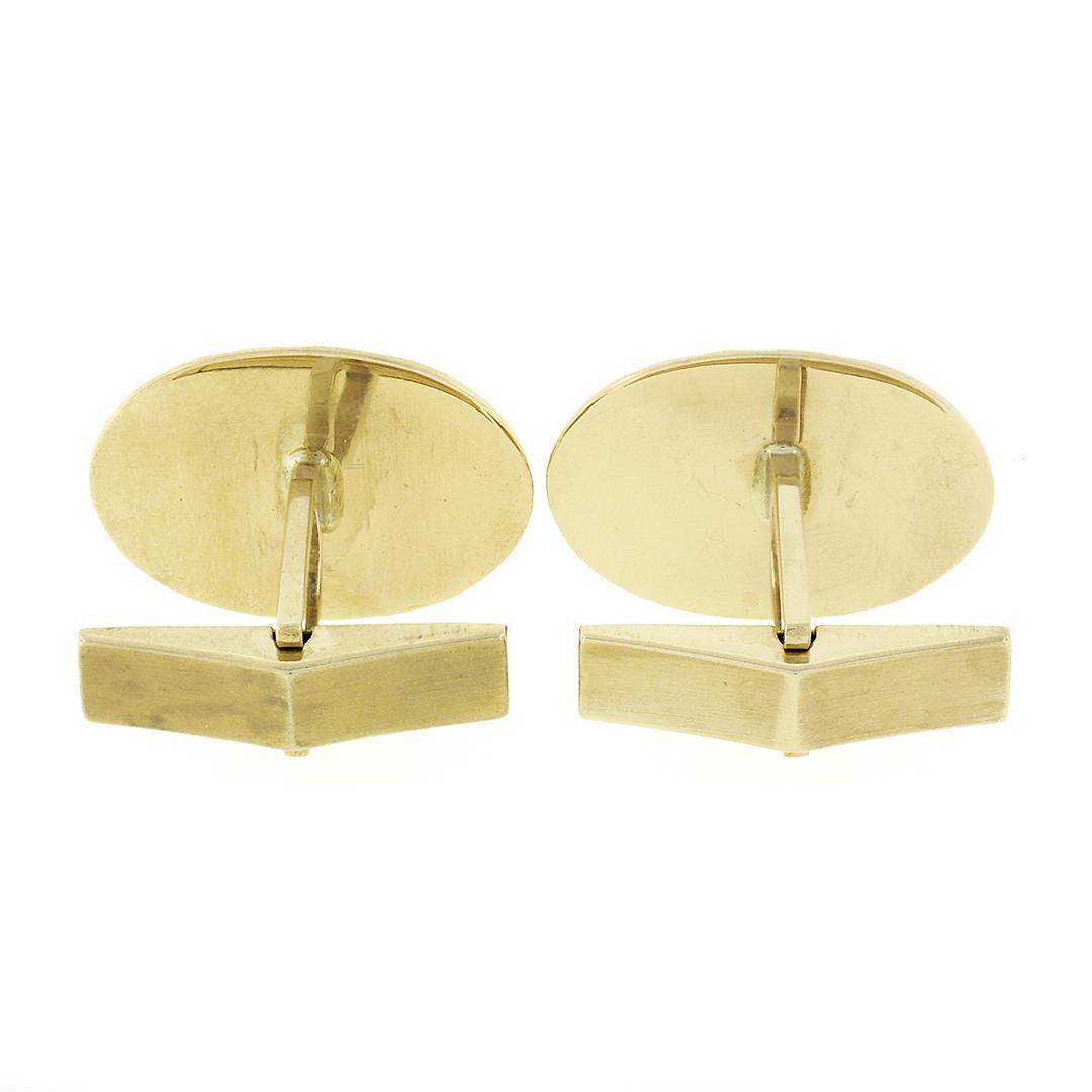 Mens Vintage 14k Yellow Gold Oval Grooved Lines Polished Finish Swivel Cufflinks