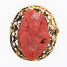 Large Antique Victorian GIA Carved Red Coral Cameo w/ 14k Gold Open Frame Brooch