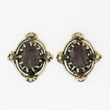 Vintage 14k Yellow Gold 3.20 ctw Oval Garnet Flower Open Work Frame Stud Earring