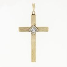 Antique Art Nouveau 14k TT Gold 0.16 ctw Diamond Grooved Textured Cross Pendant