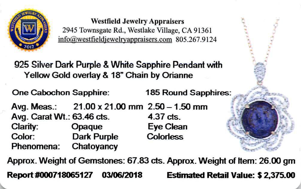 63.46 ctw Purple Sapphire and 4.37 ctw White Sapphire Pendant