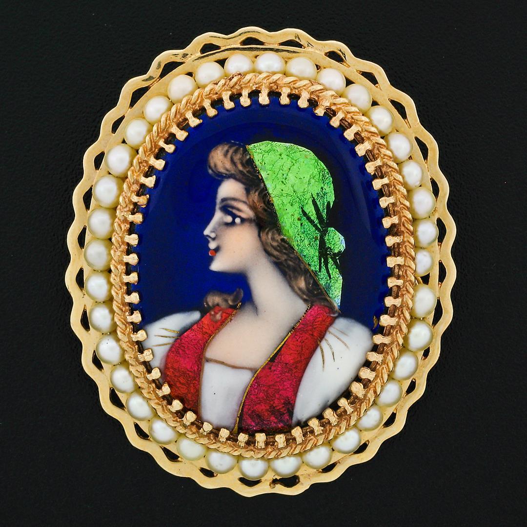 Vintage 14k Gold French Hand Painted Porcelain Portrait Pearl Pin Brooch Pendant