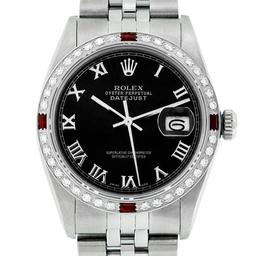 Rolex Mens Stainless Steel Black Roman Diamond & Ruby Datejust Wristwatch 36MM