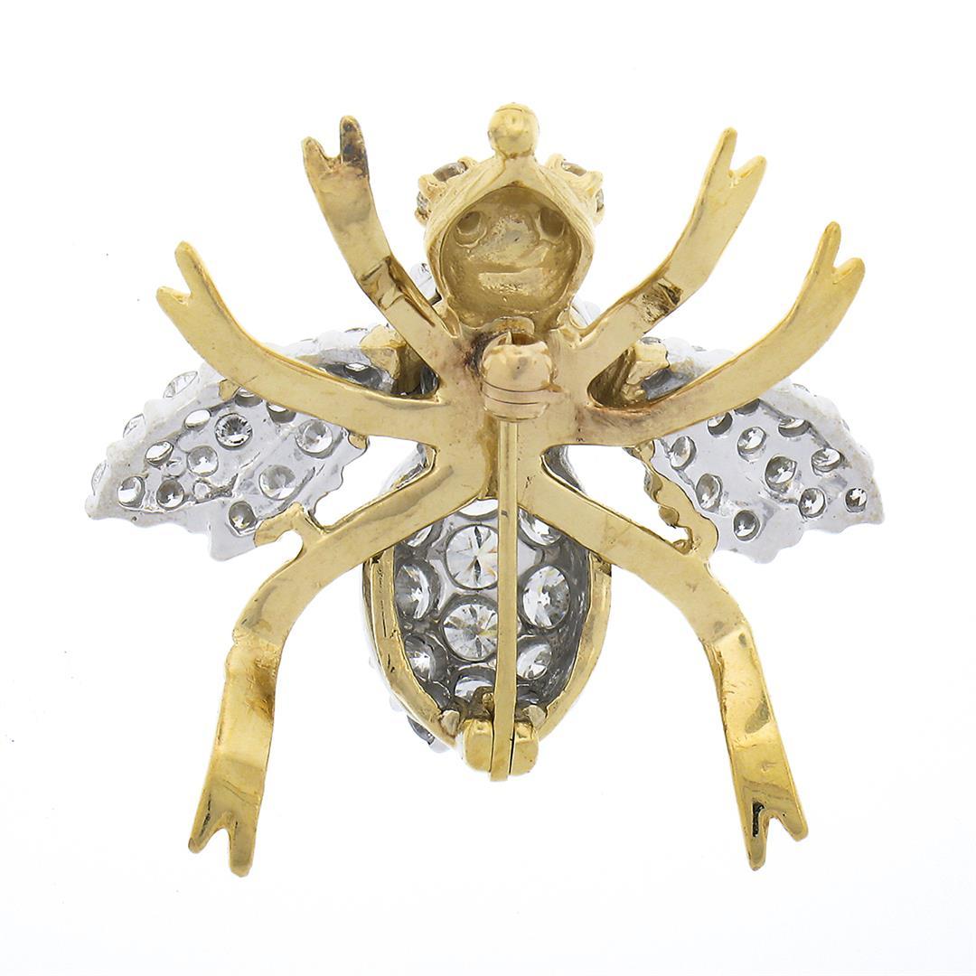 Large Vintage 14k TT Gold 3.0 ctw Round Diamond Covered Fly Bee Insect Brooch Pi