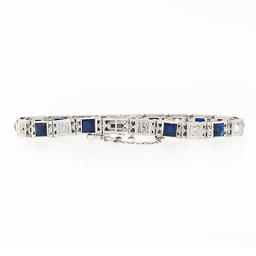 Antique Art Deco 18k Gold 1.10 ctw European Diamond & Syn. Sapphire Line Bracele