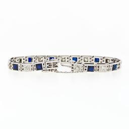 Antique Art Deco 18k Gold 1.10 ctw European Diamond & Syn. Sapphire Line Bracele