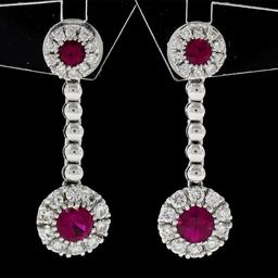 Fancy 18K White Gold 1.38 ctw Round Ruby w/ Diamond Halo Post Drop Dangle Earrin