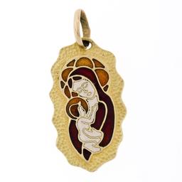 Vintage Eftepi Depose 18K Yellow Gold Mosaic Enamel Mother Mary & Jesus Pendant